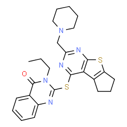 ChemSpider 2D Image | 2-{[2-(1-Piperidinylmethyl)-6,7-dihydro-5H-cyclopenta[4,5]thieno[2,3-d]pyrimidin-4-yl]sulfanyl}-3-propyl-4(3H)-quinazolinone | C26H29N5OS2