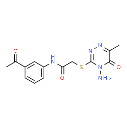 ChemSpider 2D Image | N-(3-Acetylphenyl)-2-[(4-amino-6-methyl-5-oxo-4,5-dihydro-1,2,4-triazin-3-yl)sulfanyl]acetamide | C14H15N5O3S