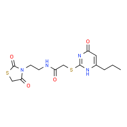 ChemSpider 2D Image | N-[2-(2,4-Dioxo-1,3-thiazolidin-3-yl)ethyl]-2-[(4-oxo-6-propyl-1,4-dihydro-2-pyrimidinyl)sulfanyl]acetamide | C14H18N4O4S2