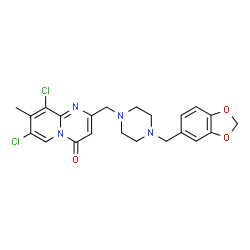 ChemSpider 2D Image | 2-{[4-(1,3-Benzodioxol-5-ylmethyl)-1-piperazinyl]methyl}-7,9-dichloro-8-methyl-4H-pyrido[1,2-a]pyrimidin-4-one | C22H22Cl2N4O3