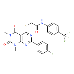 ChemSpider 2D Image | 2-{[2-(4-Fluorophenyl)-6,8-dimethyl-5,7-dioxo-5,6,7,8-tetrahydropyrimido[4,5-d]pyrimidin-4-yl]sulfanyl}-N-[4-(trifluoromethyl)phenyl]acetamide | C23H17F4N5O3S