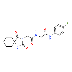 ChemSpider 2D Image | N~2~-[(2,4-Dioxo-1,3-diazaspiro[4.5]dec-3-yl)acetyl]-N-(4-fluorophenyl)-N~2~-methylglycinamide | C19H23FN4O4