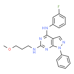 ChemSpider 2D Image | N~4~-(3-Fluorophenyl)-N~6~-(3-methoxypropyl)-1-phenyl-1H-pyrazolo[3,4-d]pyrimidine-4,6-diamine | C21H21FN6O