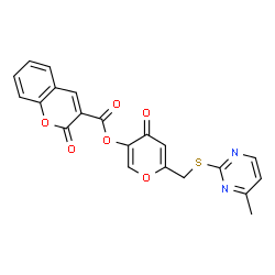 ChemSpider 2D Image | 6-{[(4-Methyl-2-pyrimidinyl)sulfanyl]methyl}-4-oxo-4H-pyran-3-yl 2-oxo-2H-chromene-3-carboxylate | C21H14N2O6S