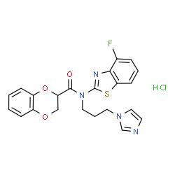 ChemSpider 2D Image | N-(4-Fluoro-1,3-benzothiazol-2-yl)-N-[3-(1H-imidazol-1-yl)propyl]-2,3-dihydro-1,4-benzodioxine-2-carboxamide hydrochloride (1:1) | C22H20ClFN4O3S