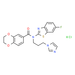 ChemSpider 2D Image | N-(6-Fluoro-1,3-benzothiazol-2-yl)-N-[3-(1H-imidazol-1-yl)propyl]-2,3-dihydro-1,4-benzodioxine-6-carboxamide hydrochloride (1:1) | C22H20ClFN4O3S