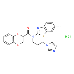 ChemSpider 2D Image | N-(6-Fluoro-1,3-benzothiazol-2-yl)-N-[3-(1H-imidazol-1-yl)propyl]-2,3-dihydro-1,4-benzodioxine-2-carboxamide hydrochloride (1:1) | C22H20ClFN4O3S