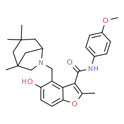 ChemSpider 2D Image | 5-Hydroxy-N-(4-methoxyphenyl)-2-methyl-4-[(1,3,3-trimethyl-6-azabicyclo[3.2.1]oct-6-yl)methyl]-1-benzofuran-3-carboxamide | C28H34N2O4