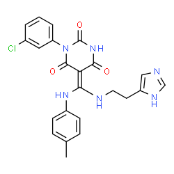 ChemSpider 2D Image | (5Z)-1-(3-Chlorophenyl)-5-({[2-(1H-imidazol-4-yl)ethyl]amino}[(4-methylphenyl)amino]methylene)-2,4,6(1H,3H,5H)-pyrimidinetrione | C23H21ClN6O3