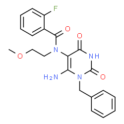 ChemSpider 2D Image | N-(6-Amino-1-benzyl-2,4-dioxo-1,2,3,4-tetrahydro-5-pyrimidinyl)-2-fluoro-N-(2-methoxyethyl)benzamide | C21H21FN4O4