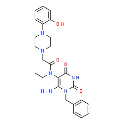 ChemSpider 2D Image | N-(6-Amino-1-benzyl-2,4-dioxo-1,2,3,4-tetrahydro-5-pyrimidinyl)-N-ethyl-2-[4-(2-hydroxyphenyl)-1-piperazinyl]acetamide | C25H30N6O4