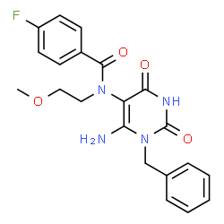 ChemSpider 2D Image | N-(6-Amino-1-benzyl-2,4-dioxo-1,2,3,4-tetrahydro-5-pyrimidinyl)-4-fluoro-N-(2-methoxyethyl)benzamide | C21H21FN4O4