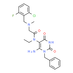 ChemSpider 2D Image | N-(6-Amino-1-benzyl-2,4-dioxo-1,2,3,4-tetrahydro-5-pyrimidinyl)-N~2~-(2-chloro-6-fluorobenzyl)-N-ethyl-N~2~-methylglycinamide | C23H25ClFN5O3