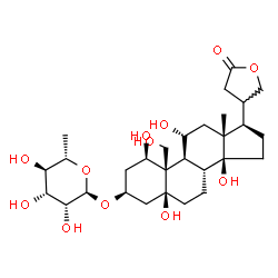 ChemSpider 2D Image | (20xi)-3beta-((6-Deoxy-alpha-L-mannopyranosyl)oxy)-1beta,5beta,11alpha,14,19-pentahydroxycardanolide | C29H46O12