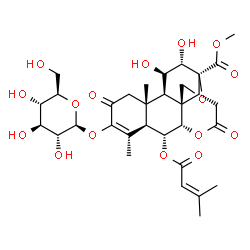ChemSpider 2D Image | Methyl (6alpha,11beta,12alpha)-3-(beta-D-glucopyranosyloxy)-11,12-dihydroxy-6-[(3-methyl-2-butenoyl)oxy]-2,16-dioxo-13,20-epoxypicras-3-en-21-oate | C32H42O16