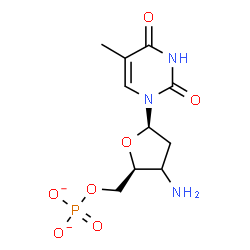 ChemSpider 2D Image | 1-[(3xi)-3-Amino-2,3-dideoxy-5-O-phosphonato-beta-D-glycero-pentofuranosyl]-5-methyl-2,4(1H,3H)-pyrimidinedione | C10H14N3O7P