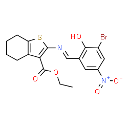 ChemSpider 2D Image | Ethyl 2-(3-bromo-2-hydroxy-5-nitrobenzylideneamino)-4,5,6,7-tetrahydrobenzo[b]thiophene-3-carboxylate | C18H17BrN2O5S