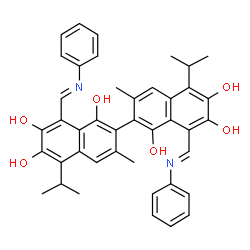 ChemSpider 2D Image | 5,5'-Diisopropyl-3,3'-dimethyl-8,8'-bis[(E)-(phenylimino)methyl]-2,2'-binaphthalene-1,1',6,6',7,7'-hexol | C42H40N2O6