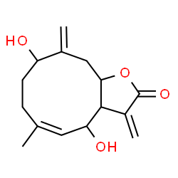 ChemSpider 2D Image | 3H-Cyclodeca[b]furan-2-one, 4,9-dihydroxy-6-methyl-3,10-dimethylene-3a,4,7,8,9,10,11,11a-octahydro- | C15H20O4