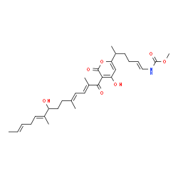 ChemSpider 2D Image | Methyl [(1E)-5-{4-hydroxy-3-[(2E,4E,9E,12E)-8-hydroxy-2,5,9-trimethyl-2,4,9,12-tetradecatetraenoyl]-2-oxo-2H-pyran-6-yl}-1-hexen-1-yl]carbamate | C30H41NO7