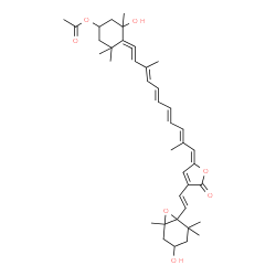 ChemSpider 2D Image | 3-Hydroxy-4-(11-(4-(2-(4-hydroxy-2,2,6-trimethyl-7-oxabicyclo[4.1.0]hept-1-yl)vinyl)-5-oxo-2(5H)-furanylidene)-3,10-dimethyl-1,3,5,7,9-undecapentaenylidene)-3,5,5-trimethylcyclohexyl acetate | C39H50O7