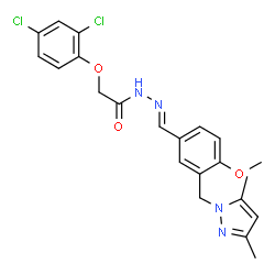 ChemSpider 2D Image | 2-(2,4-Dichlorophenoxy)-N'-[(E)-{3-[(3,5-dimethyl-1H-pyrazol-1-yl)methyl]-4-methoxyphenyl}methylene]acetohydrazide | C22H22Cl2N4O3