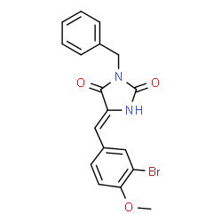 ChemSpider 2D Image | (5Z)-3-Benzyl-5-(3-bromo-4-methoxybenzylidene)-2,4-imidazolidinedione | C18H15BrN2O3