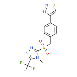 ChemSpider 2D Image | 4-[4-({[4-Methyl-5-(trifluoromethyl)-4H-1,2,4-triazol-3-yl]sulfonyl}methyl)phenyl]-1,2,3-thiadiazole | C13H10F3N5O2S2