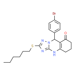 ChemSpider 2D Image | 9-(4-Bromophenyl)-2-(hexylsulfanyl)-5,6,7,9-tetrahydro[1,2,4]triazolo[5,1-b]quinazolin-8(1H)-one | C21H25BrN4OS