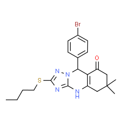 ChemSpider 2D Image | 9-(4-Bromophenyl)-2-(butylsulfanyl)-6,6-dimethyl-5,6,7,9-tetrahydro[1,2,4]triazolo[5,1-b]quinazolin-8(1H)-one | C21H25BrN4OS