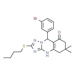 ChemSpider 2D Image | 9-(3-Bromophenyl)-2-(butylsulfanyl)-6,6-dimethyl-5,6,7,9-tetrahydro[1,2,4]triazolo[5,1-b]quinazolin-8(1H)-one | C21H25BrN4OS