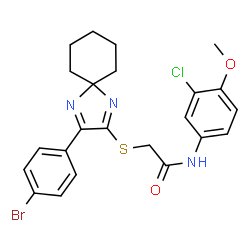 ChemSpider 2D Image | 2-{[3-(4-Bromophenyl)-1,4-diazaspiro[4.5]deca-1,3-dien-2-yl]sulfanyl}-N-(3-chloro-4-methoxyphenyl)acetamide | C23H23BrClN3O2S