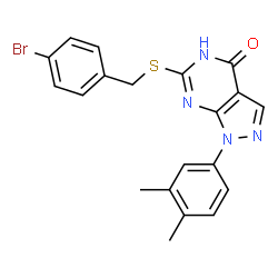 ChemSpider 2D Image | 6-[(4-Bromobenzyl)sulfanyl]-1-(3,4-dimethylphenyl)-1,5-dihydro-4H-pyrazolo[3,4-d]pyrimidin-4-one | C20H17BrN4OS