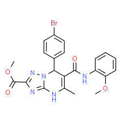 ChemSpider 2D Image | Methyl 7-(4-bromophenyl)-6-[(2-methoxyphenyl)carbamoyl]-5-methyl-1,7-dihydro[1,2,4]triazolo[1,5-a]pyrimidine-2-carboxylate | C22H20BrN5O4