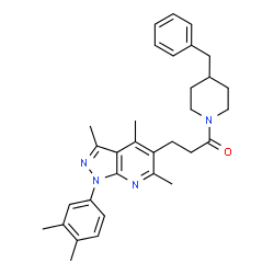 ChemSpider 2D Image | 1-(4-Benzyl-1-piperidinyl)-3-[1-(3,4-dimethylphenyl)-3,4,6-trimethyl-1H-pyrazolo[3,4-b]pyridin-5-yl]-1-propanone | C32H38N4O