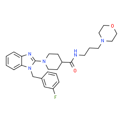 ChemSpider 2D Image | 1-[1-(3-Fluorobenzyl)-1H-benzimidazol-2-yl]-N-[3-(4-morpholinyl)propyl]-4-piperidinecarboxamide | C27H34FN5O2
