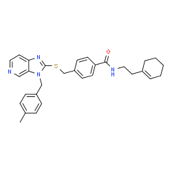 ChemSpider 2D Image | N-[2-(1-Cyclohexen-1-yl)ethyl]-4-({[3-(4-methylbenzyl)-3H-imidazo[4,5-c]pyridin-2-yl]sulfanyl}methyl)benzamide | C30H32N4OS