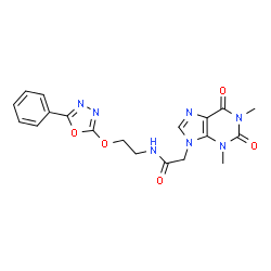ChemSpider 2D Image | 2-(1,3-Dimethyl-2,6-dioxo-1,2,3,6-tetrahydro-9H-purin-9-yl)-N-{2-[(5-phenyl-1,3,4-oxadiazol-2-yl)oxy]ethyl}acetamide | C19H19N7O5