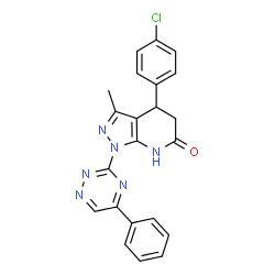 ChemSpider 2D Image | 4-(4-Chlorophenyl)-3-methyl-1-(5-phenyl-1,2,4-triazin-3-yl)-1,4,5,7-tetrahydro-6H-pyrazolo[3,4-b]pyridin-6-one | C22H17ClN6O