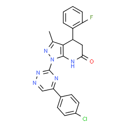 ChemSpider 2D Image | 1-[5-(4-Chlorophenyl)-1,2,4-triazin-3-yl]-4-(2-fluorophenyl)-3-methyl-1,4,5,7-tetrahydro-6H-pyrazolo[3,4-b]pyridin-6-one | C22H16ClFN6O