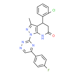 ChemSpider 2D Image | 4-(2-Chlorophenyl)-1-[5-(4-fluorophenyl)-1,2,4-triazin-3-yl]-3-methyl-1,4,5,7-tetrahydro-6H-pyrazolo[3,4-b]pyridin-6-one | C22H16ClFN6O