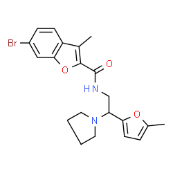 ChemSpider 2D Image | 6-Bromo-3-methyl-N-[2-(5-methyl-2-furyl)-2-(1-pyrrolidinyl)ethyl]-1-benzofuran-2-carboxamide | C21H23BrN2O3