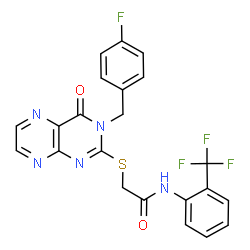 ChemSpider 2D Image | 2-{[3-(4-Fluorobenzyl)-4-oxo-3,4-dihydro-2-pteridinyl]sulfanyl}-N-[2-(trifluoromethyl)phenyl]acetamide | C22H15F4N5O2S