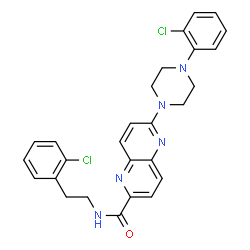 ChemSpider 2D Image | N-[2-(2-Chlorophenyl)ethyl]-6-[4-(2-chlorophenyl)-1-piperazinyl]-1,5-naphthyridine-2-carboxamide | C27H25Cl2N5O
