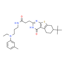 ChemSpider 2D Image | N-{3-[Ethyl(3-methylphenyl)amino]propyl}-3-[7-(2-methyl-2-propanyl)-4-oxo-1,4,5,6,7,8-hexahydro[1]benzothieno[2,3-d]pyrimidin-2-yl]propanamide | C29H40N4O2S