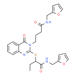 ChemSpider 2D Image | N-(2-Furylmethyl)-2-[(3-{4-[(2-furylmethyl)amino]-4-oxobutyl}-4-oxo-3,4-dihydro-2-quinazolinyl)sulfanyl]butanamide | C26H28N4O5S