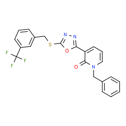 ChemSpider 2D Image | 1-Benzyl-3-(5-{[3-(trifluoromethyl)benzyl]sulfanyl}-1,3,4-oxadiazol-2-yl)-2(1H)-pyridinone | C22H16F3N3O2S