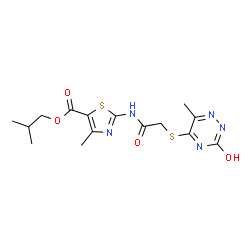 ChemSpider 2D Image | Isobutyl 2-({[(3-hydroxy-6-methyl-1,2,4-triazin-5-yl)sulfanyl]acetyl}amino)-4-methyl-1,3-thiazole-5-carboxylate | C15H19N5O4S2