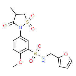 ChemSpider 2D Image | N-(2-Furylmethyl)-2-methoxy-5-(4-methyl-1,1-dioxido-3-oxo-1,2-thiazolidin-2-yl)benzenesulfonamide | C16H18N2O7S2