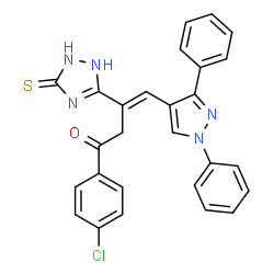 ChemSpider 2D Image | (3E)-1-(4-Chlorophenyl)-4-(1,3-diphenyl-1H-pyrazol-4-yl)-3-(5-thioxo-2,5-dihydro-1H-1,2,4-triazol-3-yl)-3-buten-1-one | C27H20ClN5OS